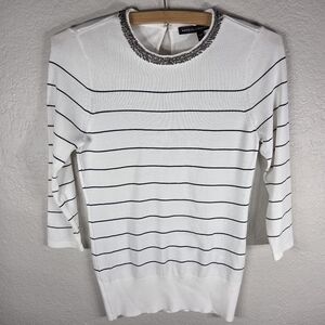 White House Black Market Ivory Sweater  Beaded CollarXS White Striped 3/4Sleeve